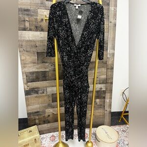 Allison Joy Black/White Dizzy Diamond Pattern Tie Belt Jumpsuit